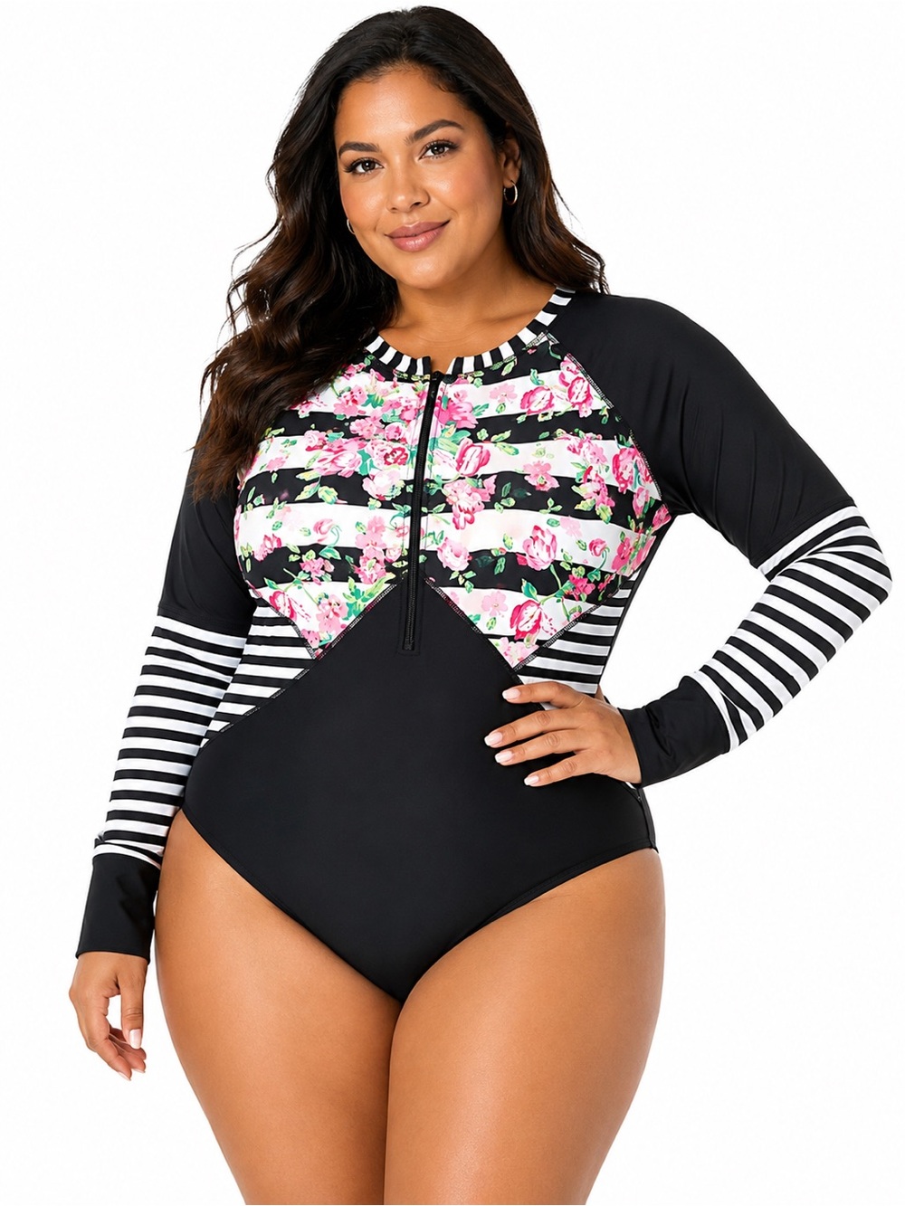 Plus Size 2XL Black Floral Stripe Long Sleeve One Piece Swimsuit Rash Guard